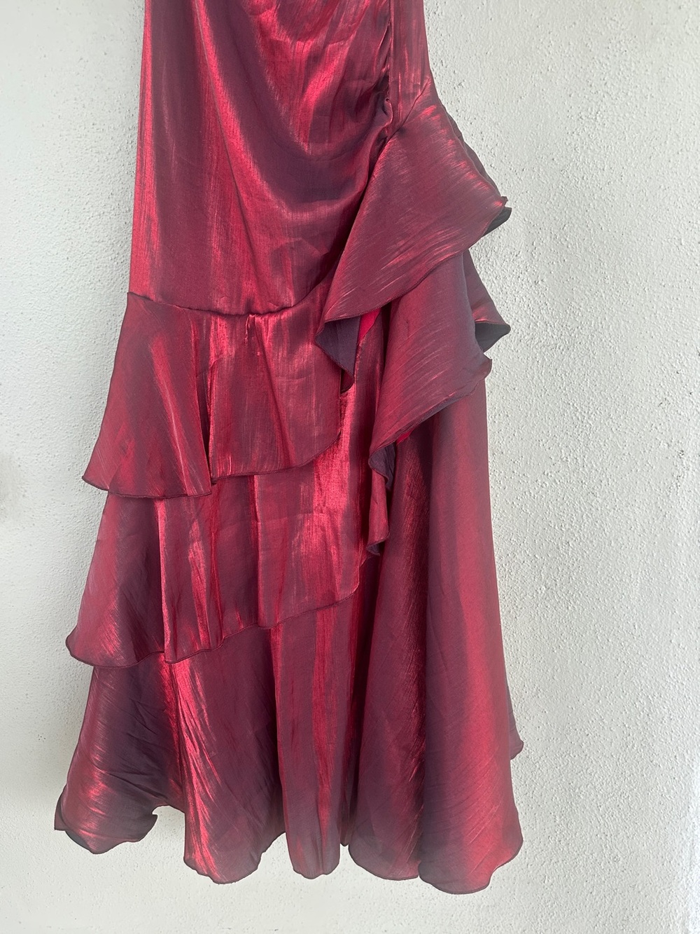 Red Metallic Ruffle-Detail Prom Gown